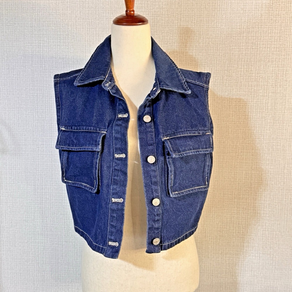 Grey Lab Denim Vest Womens Small Blue Cropped Utility Streetwear‎ Y2K Indie Boho